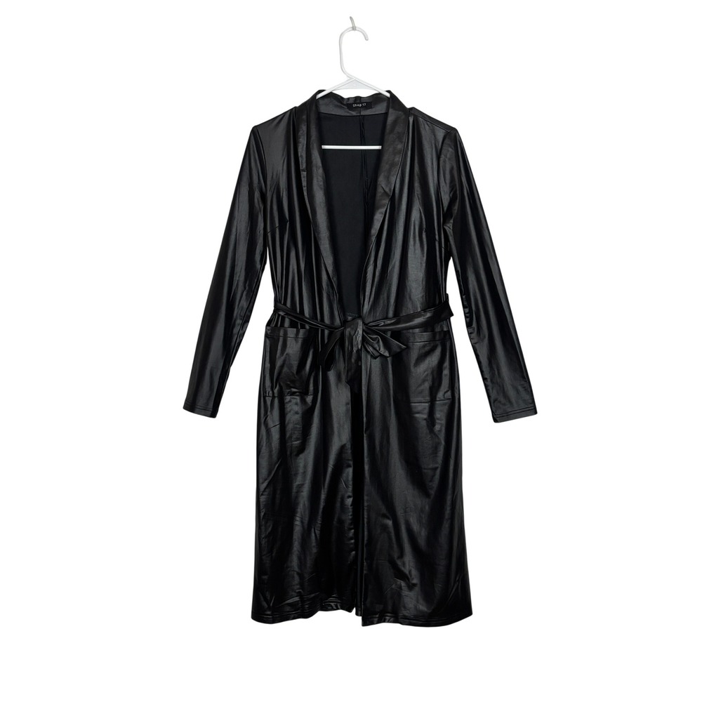 Shop 17 Shiny Duster Jacket SMALL Black Belted Longline Trench Coat Streetwear